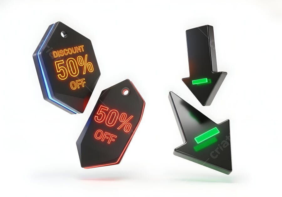 Etiquetas de desconto 50% off e setas 3D neon em fundo branco
