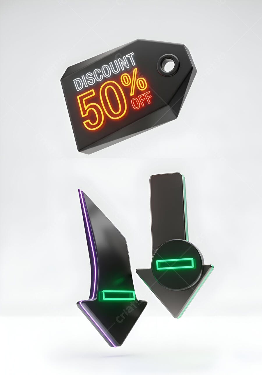 Etiqueta de desconto 50% off com setas neon para promoção de vendas