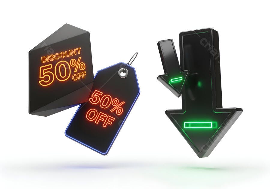 Tags de desconto 50% OFF pretas com luzes neon e setas para baixo verdes