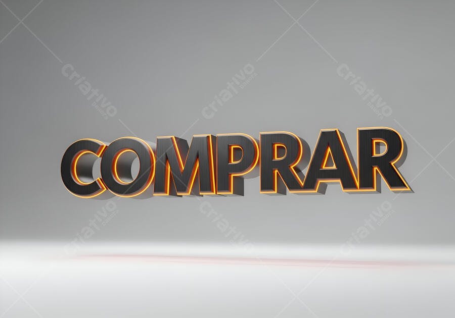 Palavra COMPRAR em 3D com brilho laranja em fundo cinza de estúdio