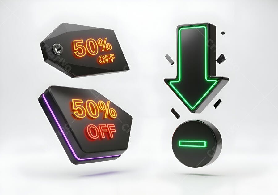 Ícones 3D de promoção 50% OFF neon com seta para baixo e menos em fundo branco