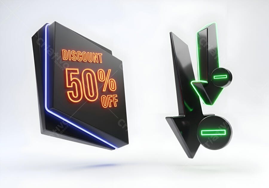 Sinal 3D de desconto 50% OFF e setas verdes de redução em fundo branco