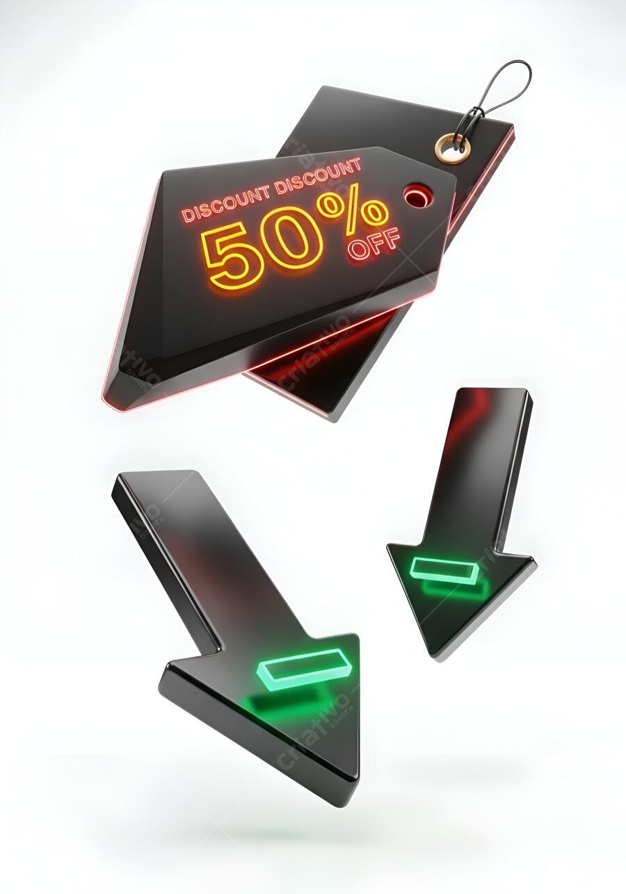 Etiqueta de preço 50% off neon e flechas verdes indicando queda de preço