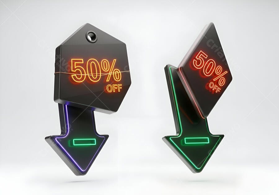 Etiquetas 3D de desconto 50% off neon para promoções