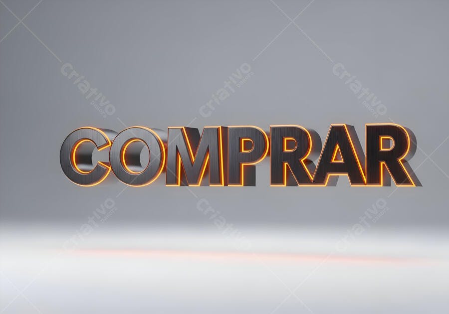 Texto 3D Comprar metálico e neon laranja em fundo neutro cinza