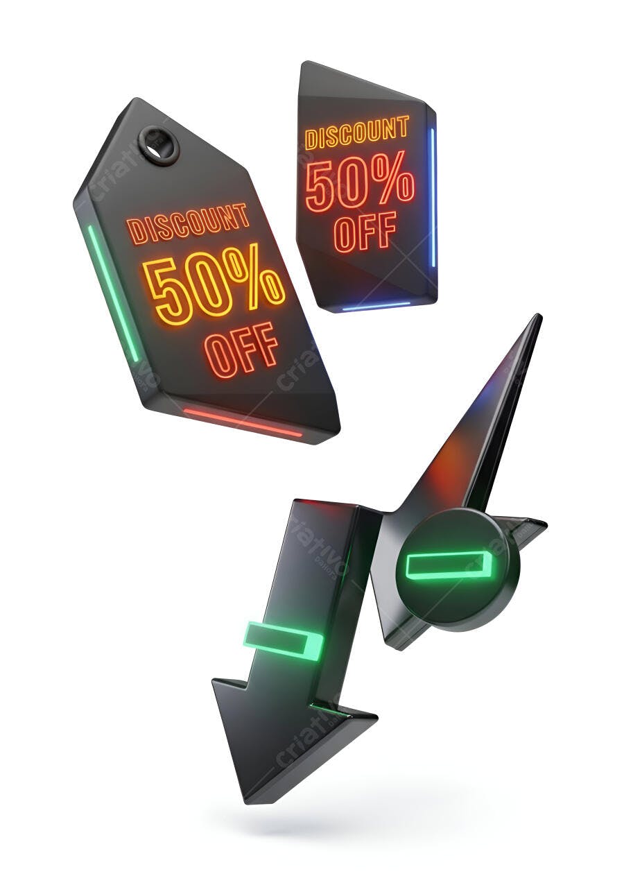 Tags de desconto 50% OFF com neon verde azul e laranja em fundo branco