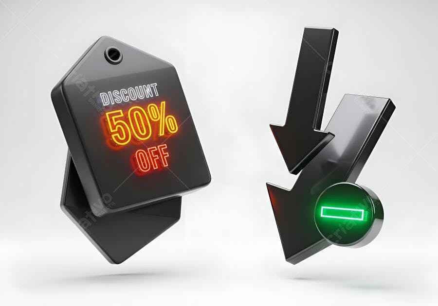 Etiqueta de desconto 50% OFF e setas de redução de preço em fundo branco 3D