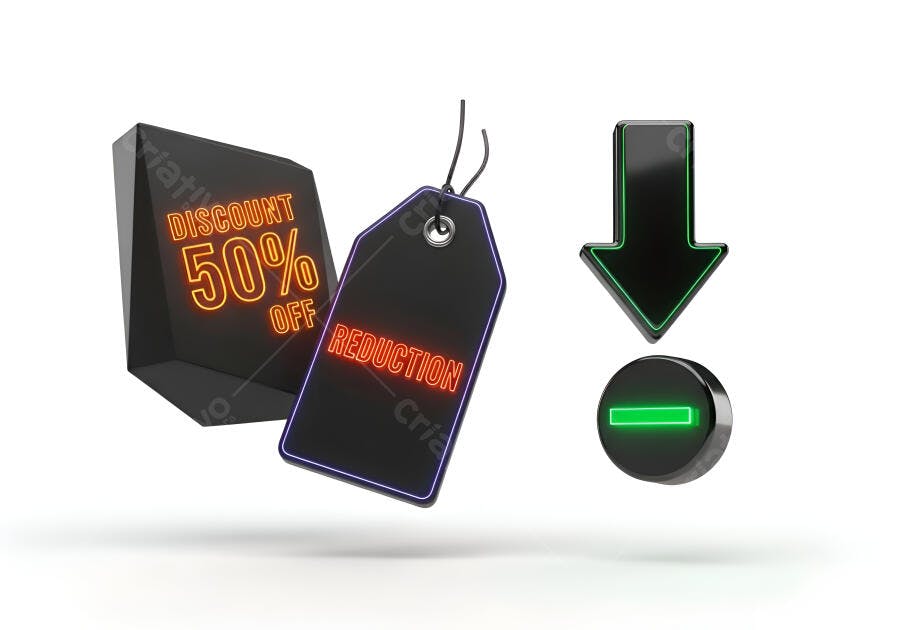 Símbolos de desconto promoções e redução de preço com neon