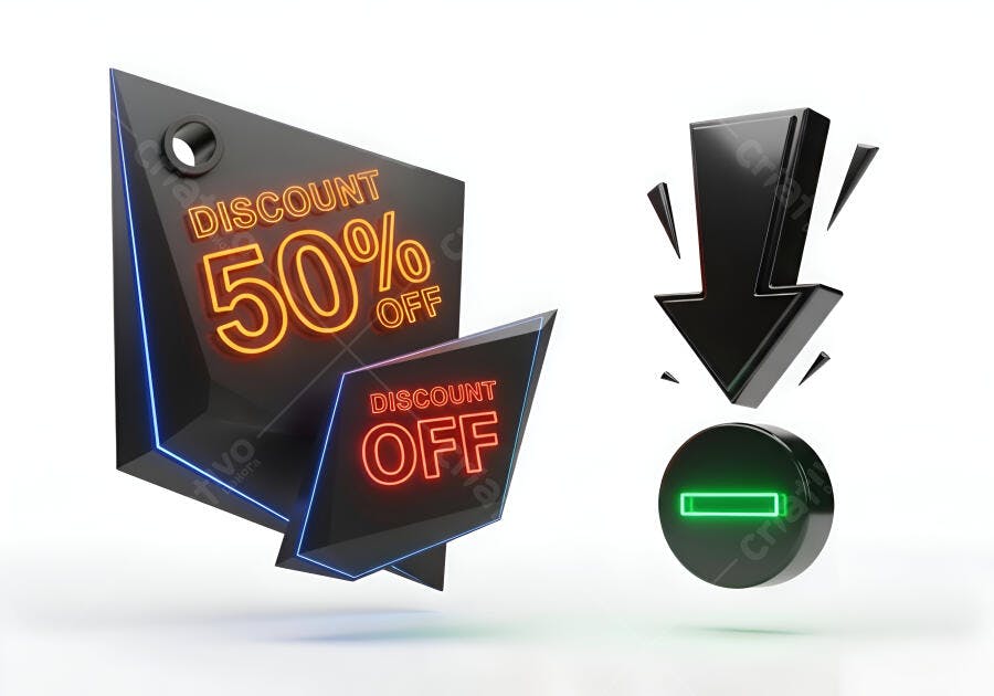 Tags de desconto neon 50% OFF com seta e sinal de menos elementos promocionais