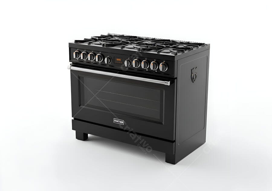 Fogão a gás preto 6 bocas com forno digital em fundo branco
