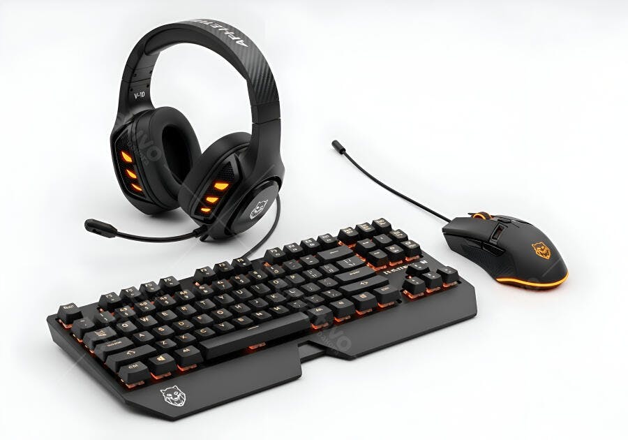 Periféricos de jogos teclado mouse e headset pretos com luzes laranja em fundo branco
