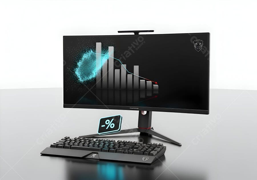 Monitor de computador e teclado gamer exibindo gráfico de barras em queda com fundo branco