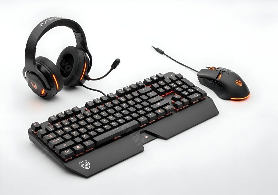 Kit gamer preto com teclado mecânico mouse e headset iluminação LED laranja em estúdio
