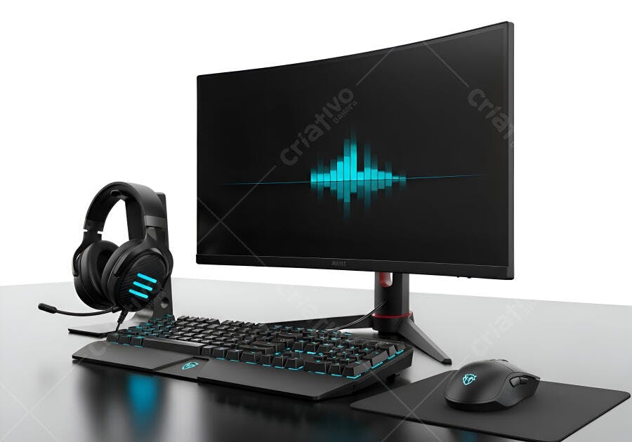 Setup de jogos com monitor curvo headset teclado e mouse iluminados em azul e preto