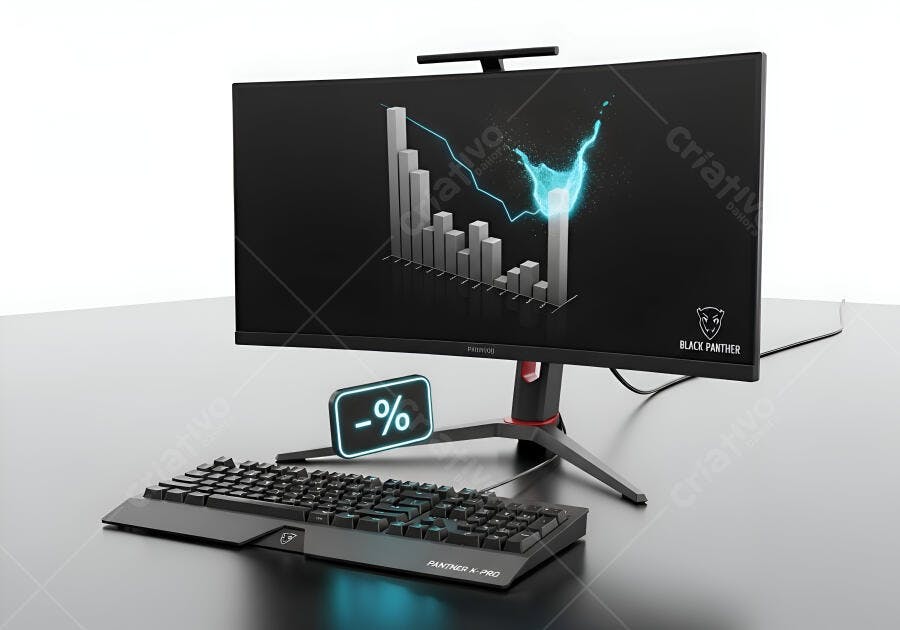Setup gamer monitor curvo preto teclado gráfico de análise e placa de desconto