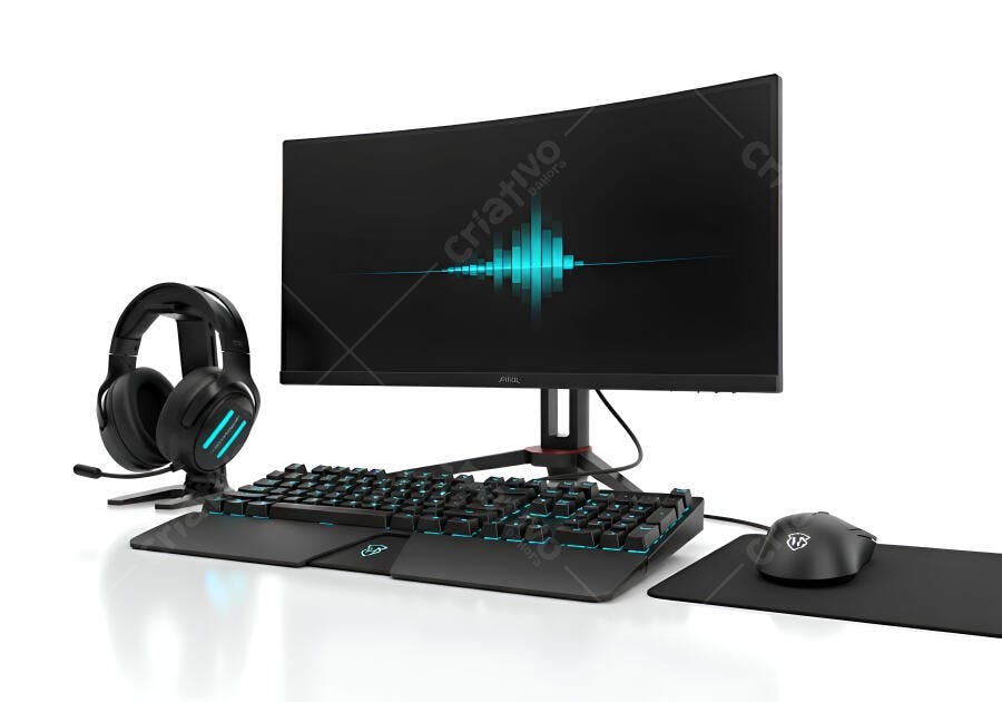 Setup gamer profissional com monitor curvo e teclado retroiluminado azul em fundo branco