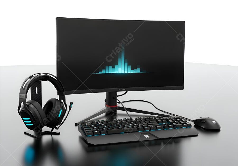 Setup gamer profissional preto com luzes azuis monitor teclado mouse headset