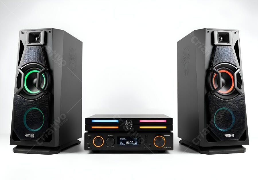 Sistema de som Panther caixas pretas LEDs coloridos em fundo branco