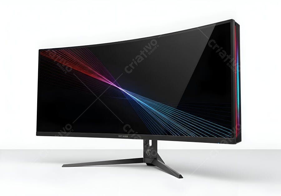 Monitor gamer curvo preto com tela abstrata e iluminação RGB em estúdio