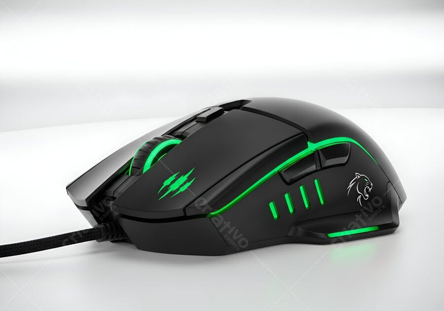 Mouse gamer preto com iluminação LED verde e logo de pantera