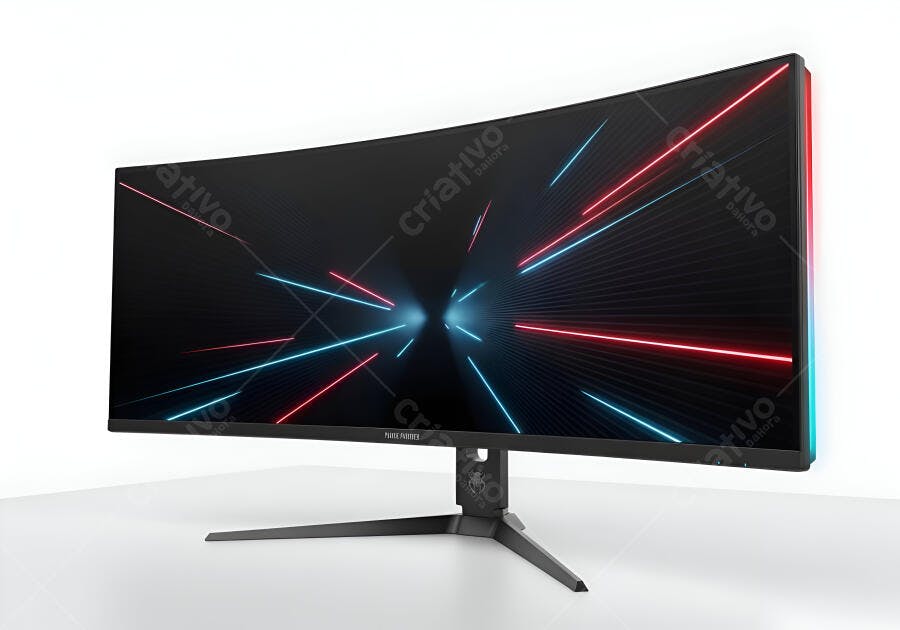 Monitor curvo gaming com tela futurista de luzes neon vermelhas e azuis