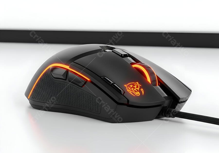 Mouse gamer preto com iluminação LED laranja e logo de tigre em estúdio