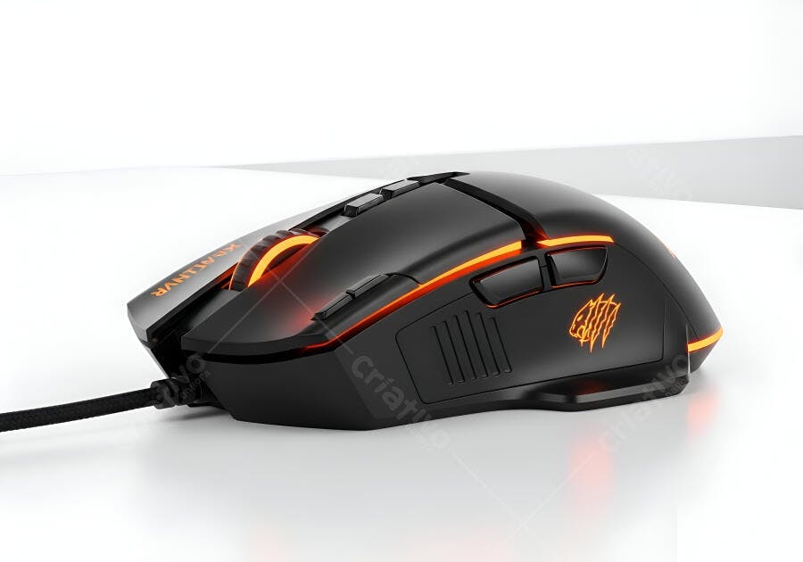 Mouse gamer preto com luzes laranja em estúdio design ergonômico de alta performance