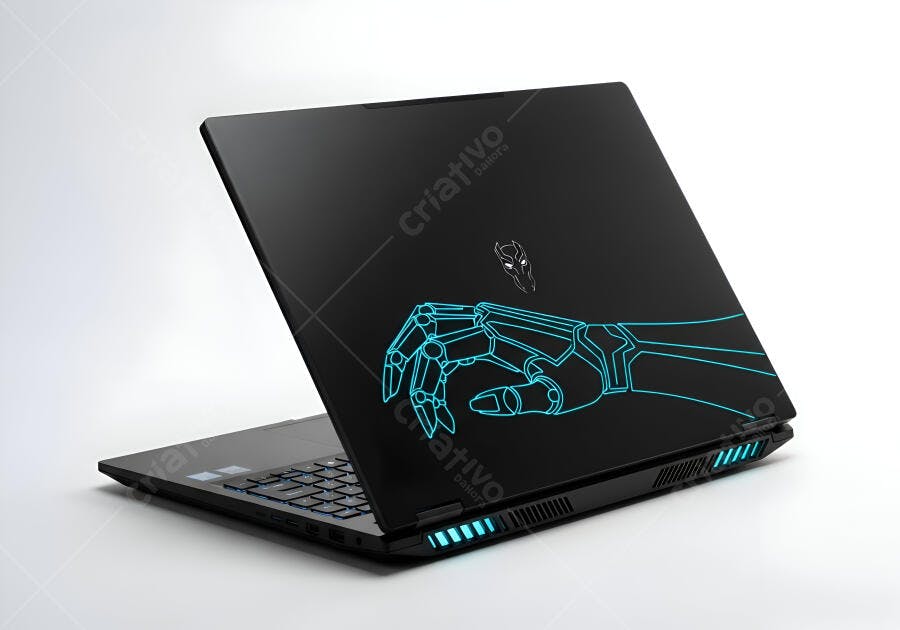 Laptop gamer preto com arte neon azul Black Panther