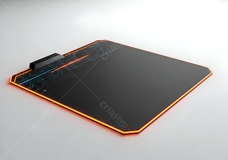 Mouse pad gamer escuro com borda laranja neon e circuitos azuis