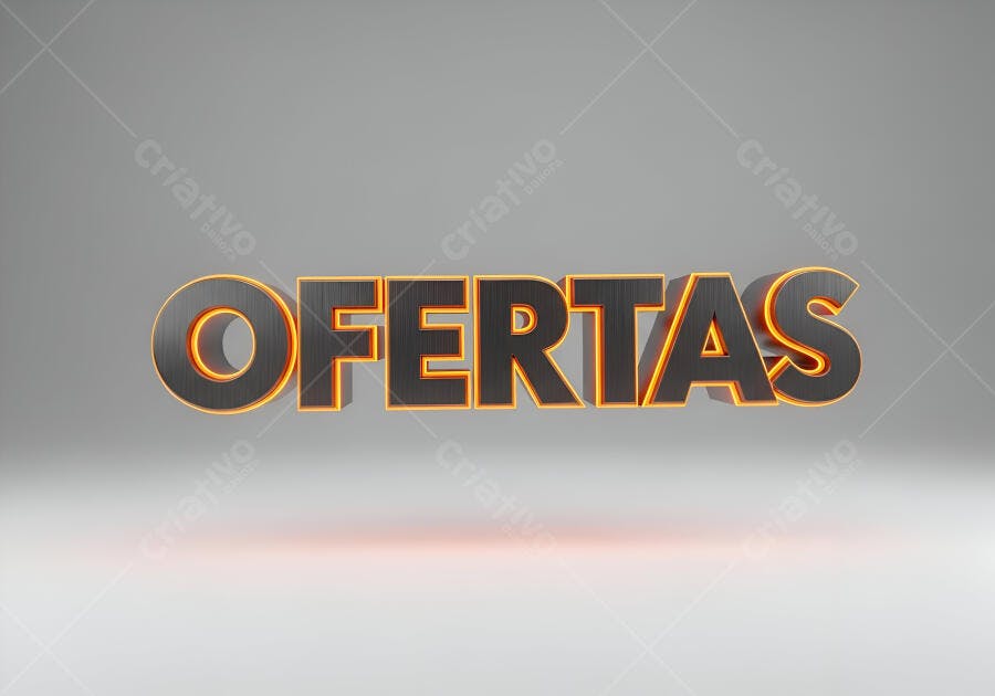 Palavra OFERTAS 3D metalizada com brilho laranja neon sobre fundo cinza minimalista