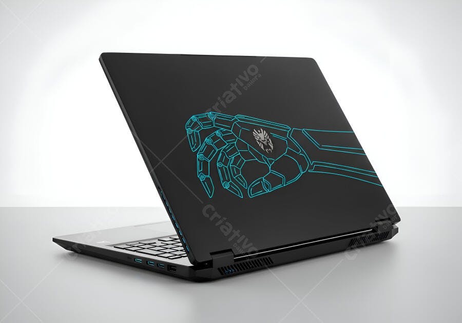 Notebook preto com desenho de braço robótico azul brilhante em estúdio minimalista