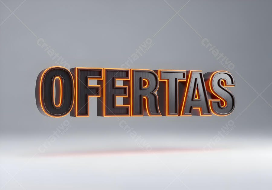 Letras 3D OFERTAS pretas com brilho laranja neon em fundo cinza promoções