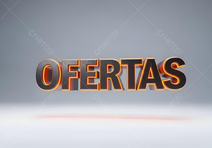 Palavra OFERTAS 3D com brilho laranja em fundo cinza promocional