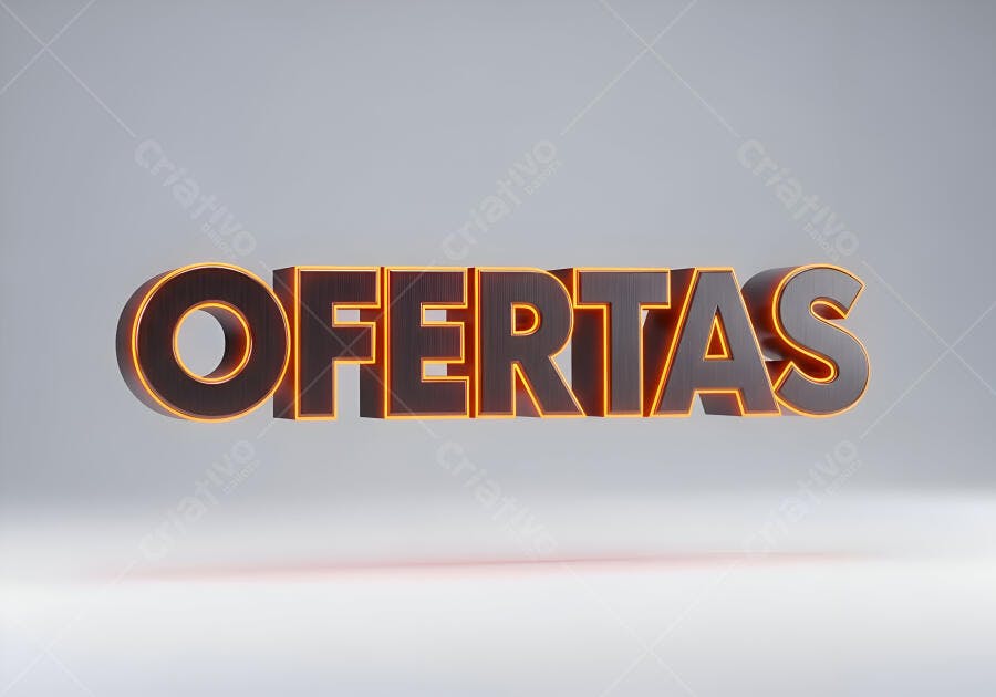 Palavra Ofertas 3D com brilho neon laranja sobre fundo cinza claro