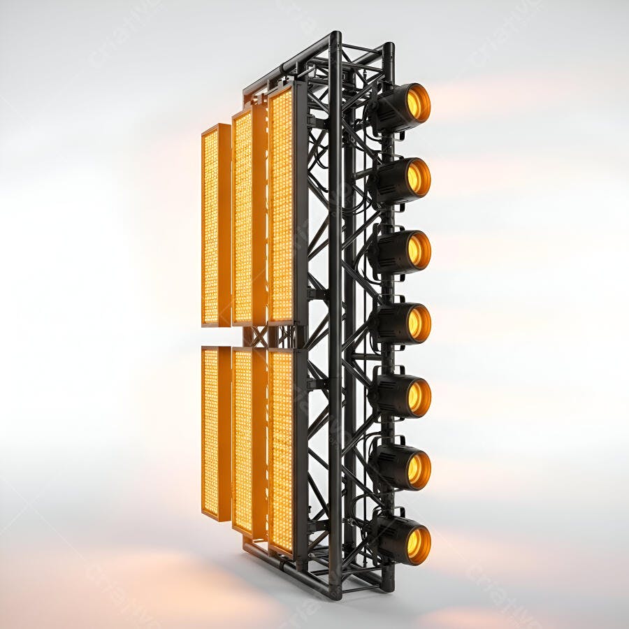 Equipamento de iluminação de palco profissional com LED e refletores acesos