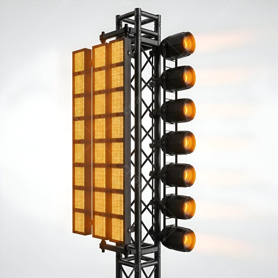 Equipamento de iluminação de palco com painéis LED amarelos e refletores acesos