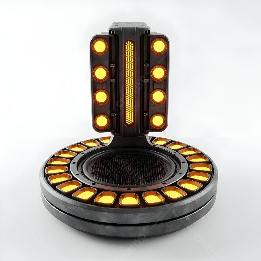 Gerador de energia futurista com luzes amarelas base circular