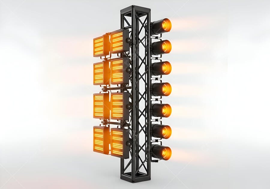 Torre de iluminação com holofotes e painéis de LED acesos em estúdio