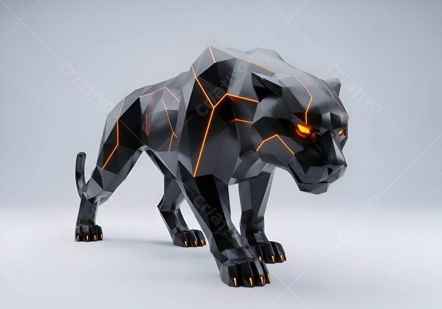 Pantera geométrica preta com olhos e linhas laranja brilhantes renderização 3D