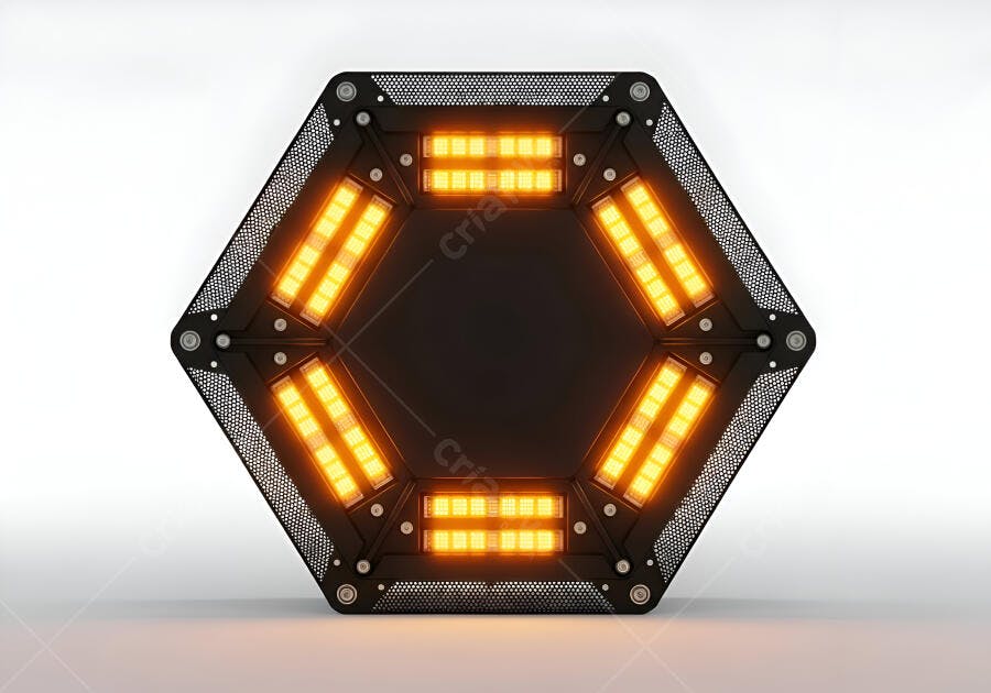 Objeto hexagonal preto com luzes LED laranja vibrantes design moderno