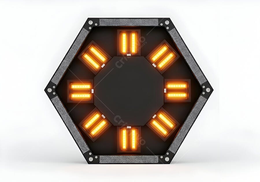 Dispositivo hexagonal com luzes laranjas brilhantes design moderno