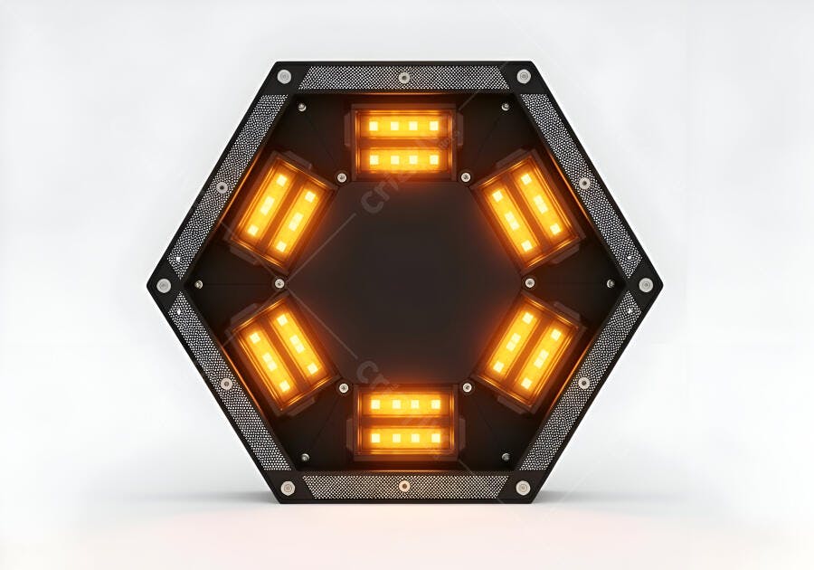 Dispositivo hexagonal preto com luzes LED âmbar brilhantes acesas em fundo branco