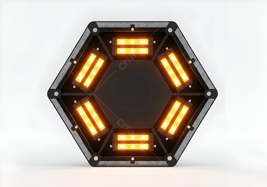 Luminária hexagonal preta com luzes LED laranjas vibrantes design moderno