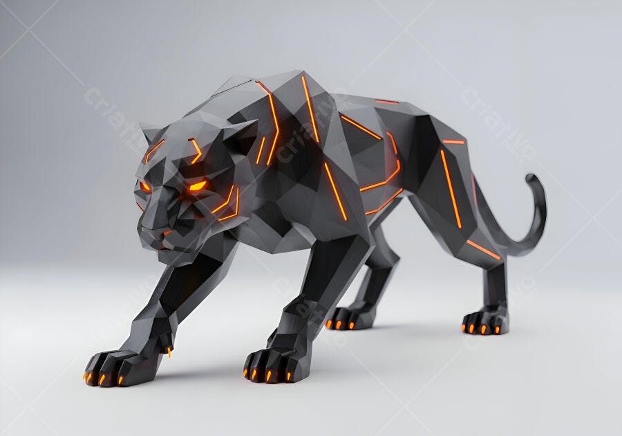 Pantera geométrica escura com linhas laranja neon brilhantes em estúdio 3D