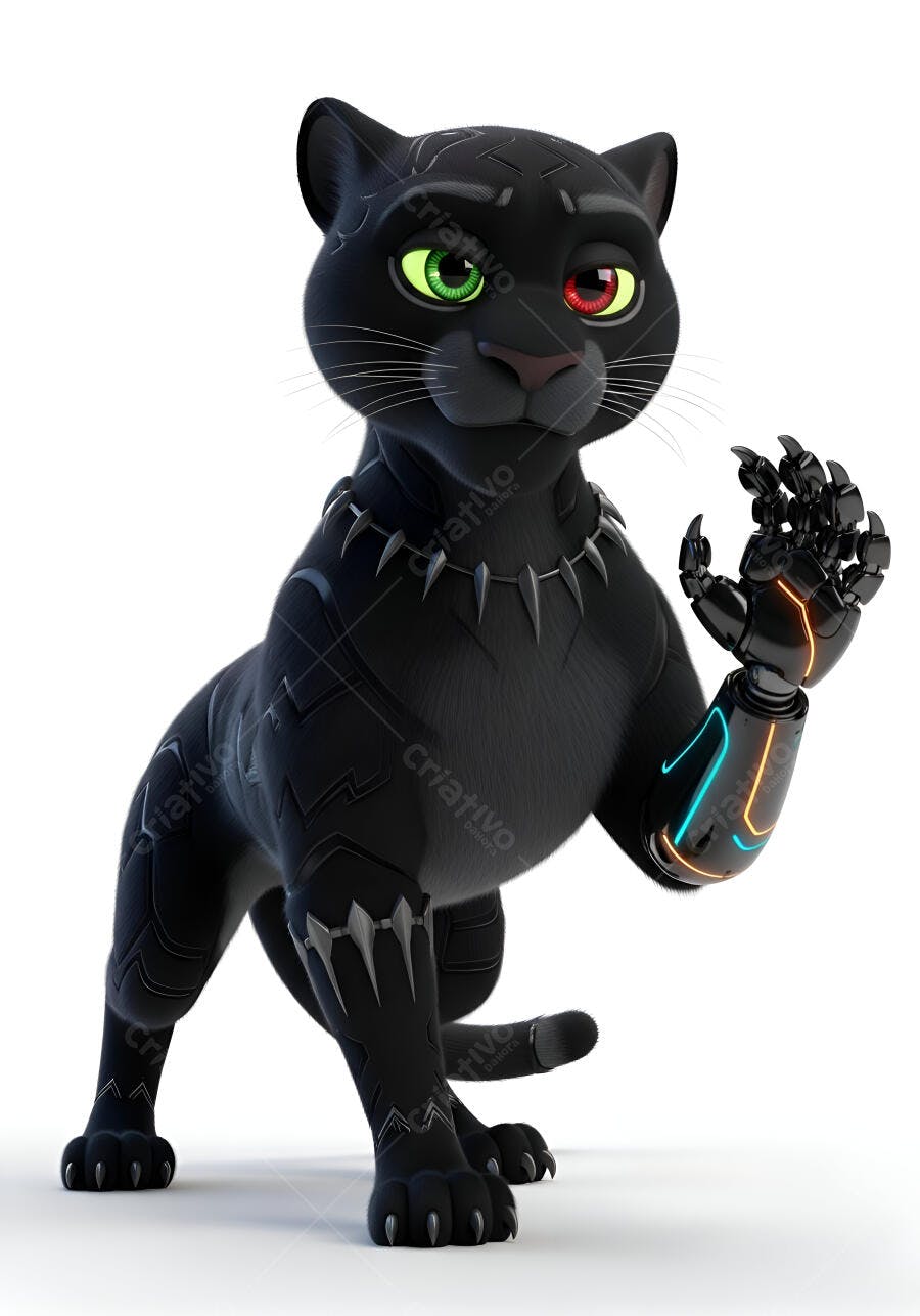 Pantera Negra ciborgue com braço robótico neon e olhos coloridos