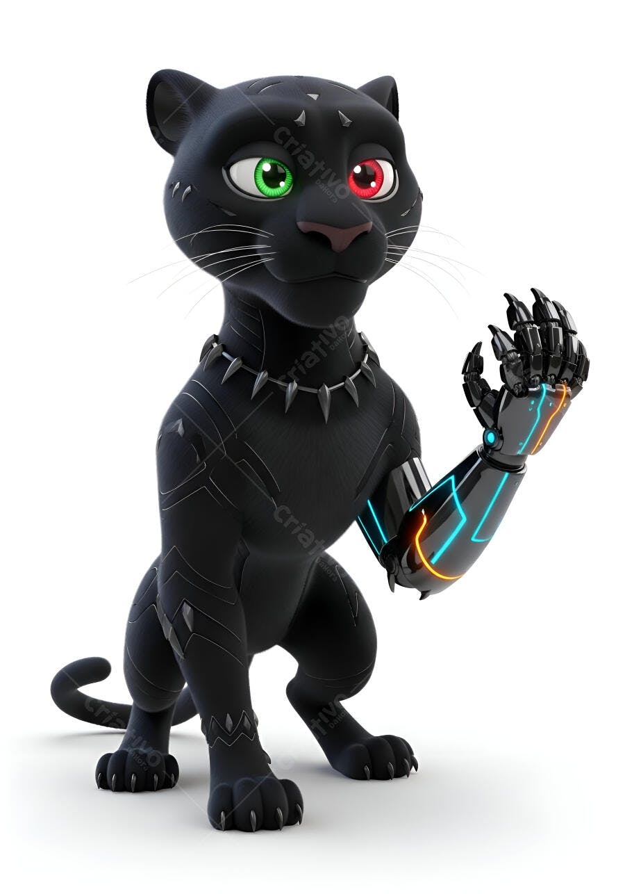 Pantera negra robótica com olhos verde e vermelho em fundo branco render 3D