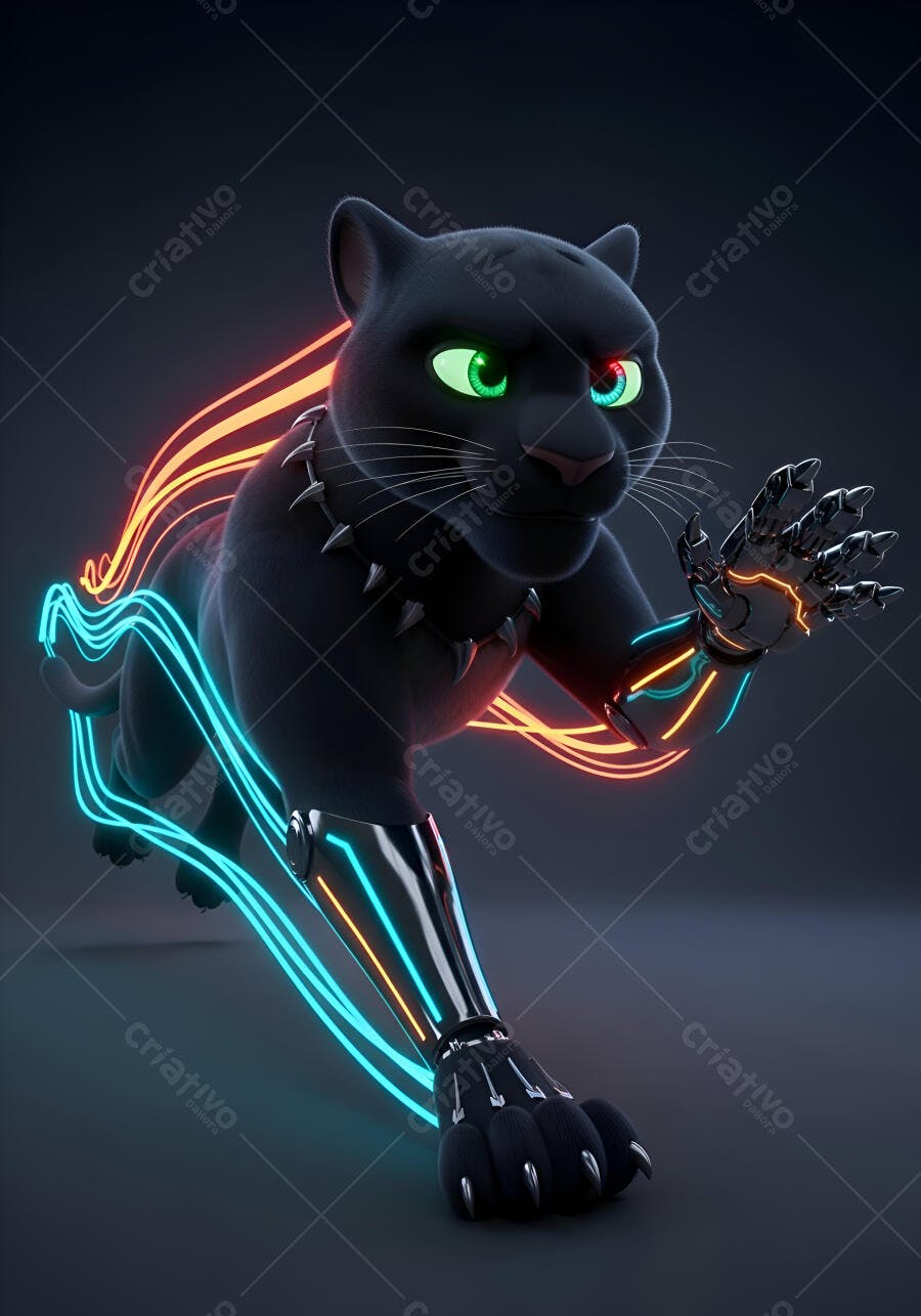 Pantera negra cibernética com olhos verdes e luzes neon azul laranja