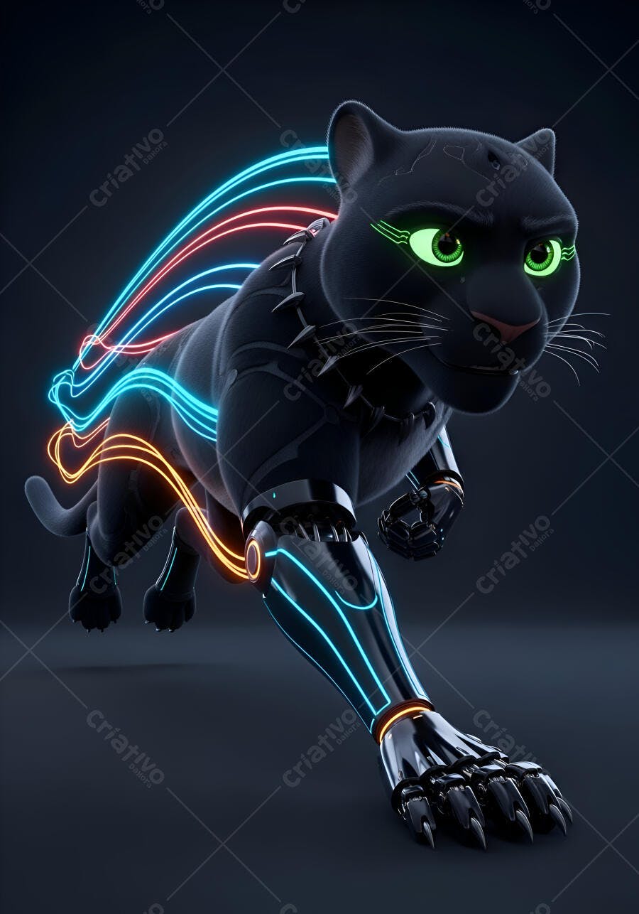 Pantera negra cibernética com olhos verdes brilhantes e luzes neon fundo escuro