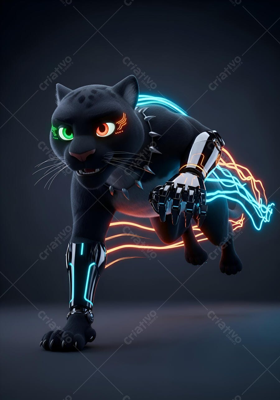 Pantera negra robótica com olhos verde laranja e energia azul neon