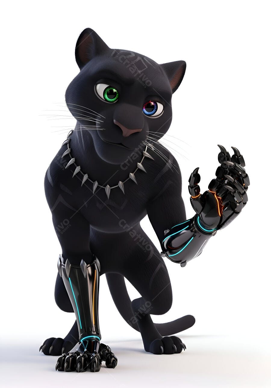 Pantera negra 3D com braço biônico e olhos heterocromáticos